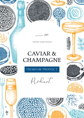 Caviar and champagne artistic frame design. Hand drawn menu  template with red caviar canape, canned black caviar, sparkling wine bottle, glasses sketches. Seafood background in color